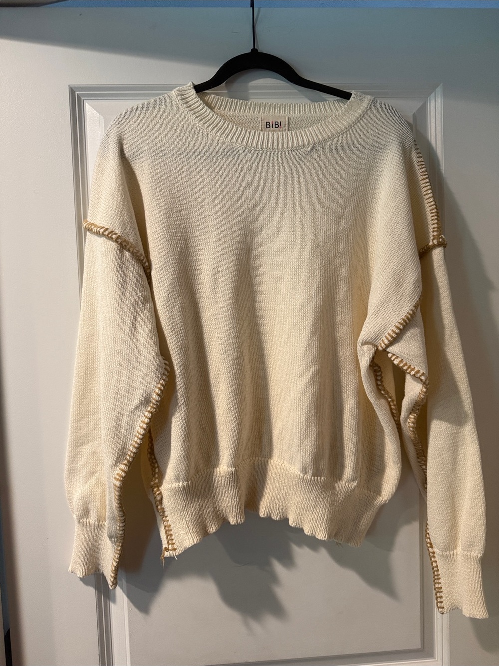 BiBi Cream Crewneck Sweater with Contrast Stitch Detail